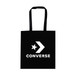 A black tote bag with a logo featuring a star and arrow, labelled "CONVERSE". It has shoulder-length straps. A black tote bag with a logo featuring a star and arrow, labelled "CONVERSE". It has shoulder-length straps.