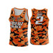An orange camouflage sports singlet featuring a logo and the number 2 on the back. An orange camouflage sports singlet featuring a logo and the number 2 on the back.