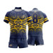A navy and gold rugby jersey featuring intricate patterns and a large number 8 on the back. It includes a logo.