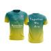 A sports jersey in teal and yellow gradient with a logo and text on the front and back.