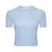 A light blue short sleeve yoga top featuring a fitted design and a logo.