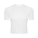 A white short sleeve yoga top with a fitted design and a simple structure. Features a logo on the garment.