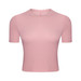 A pink short sleeve yoga top with a fitted design and a logo on the front.