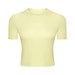 A short sleeve yoga top in a pale yellow shade, featuring a simple design and a logo.