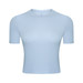 A light blue short sleeve yoga top with a fitted design and a simple crew neckline. Features a logo.