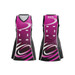 A pink and black A-line netball dress featuring a logo, with a stylish design and a sleeveless cut.