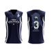 A navy basketball singlet with a wolf graphic on the back and a logo on the front. It features a sleeveless design.