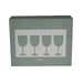 A set of four ribbed wine glasses in a green box, featuring a simple logo design.