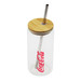 A drink bottle with a clear body, bamboo lid, and metal straw, featuring a logo. A drink bottle with a clear body, bamboo lid, and metal straw, featuring a logo.