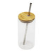 A drink bottle with a clear body, bamboo lid, and stainless steel straw, featuring a logo on the lid. A drink bottle with a clear body, bamboo lid, and stainless steel straw, featuring a logo on the lid.
