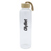 A drink bottle made of clear glass with a wooden lid and a rope handle, featuring a logo on the side. A drink bottle made of clear glass with a wooden lid and a rope handle, featuring a logo on the side.