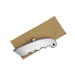 A silver cutter with a textured grip positioned on brown packaging paper, featuring a logo. A silver cutter with a textured grip positioned on brown packaging paper, featuring a logo.