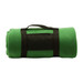 A green blanket rolled up with a black strap for easy carrying, featuring a transparent panel.