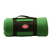 A rolled green blanket secured with black straps, featuring a logo on the front.
