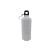 A drink bottle in a sleek white finish with a black top and carabiner attachment. Features a logo.