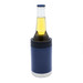 A drink bottle holder in navy with a silver base, designed to keep beverages cool. A drink bottle holder in navy with a silver base, designed to keep beverages cool.