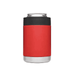 A red stubby cooler with a black top section, designed for holding drink cans. It has a stainless steel base and a logo. A red stubby cooler with a black top section, designed for holding drink cans. It has a stainless steel base and a logo.