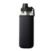 A drink bottle with a transparent body, black neoprene sleeve, and a black screw-on lid. Features a logo. A drink bottle with a transparent body, black neoprene sleeve, and a black screw-on lid. Features a logo.