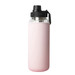 A drink bottle with a transparent glass body and a pink silicone sleeve, featuring a black screw-top lid and handle. A drink bottle with a transparent glass body and a pink silicone sleeve, featuring a black screw-top lid and handle.