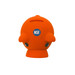 An orange piggy bank with a rounded body and small fins, featuring a logo on the front.
