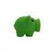 A green piggy bank with a round body and small feet, featuring a snout and black eyes, with a logo present.