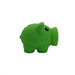 A green money box in the shape of a pig, featuring a black eye and rounded body. It has a small logo on its side.