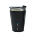 A drink bottle featuring a black stainless steel design with a clear lid and a logo. Ideal for travel beverages.