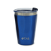 A drink bottle in a deep blue colour with a silver rim and a clear lid, featuring a logo.
