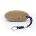 A cork keychain with an oval shape and a black strap for attaching. It features a metal keyring. A cork keychain with an oval shape and a black strap for attaching. It features a metal keyring.