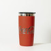 A drink bottle in a rust red colour with a stainless steel lid and a logo on the side.