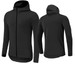 A black hoodie featuring a zip-front design and a hood, showcasing both front and back views.