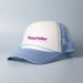 A light blue and white trucker cap with a mesh back and a logo on the front. A light blue and white trucker cap with a mesh back and a logo on the front.