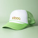 A green and white trucker cap featuring a mesh back and a logo on the front. A green and white trucker cap featuring a mesh back and a logo on the front.