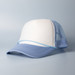 A blue and white trucker cap with a mesh back and a curved brim, featuring a logo on the front. A blue and white trucker cap with a mesh back and a curved brim, featuring a logo on the front.