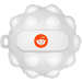 A white Popper Ball stress ball featuring numerous raised bumps and a branded logo in orange. A white Popper Ball stress ball featuring numerous raised bumps and a branded logo in orange.
