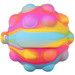 A colourful stress ball in pink, blue, and yellow with a textured surface and a handle. It has a logo. A colourful stress ball in pink, blue, and yellow with a textured surface and a handle. It has a logo.