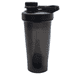 A drink bottle featuring a black shaker cup with a measuring scale and a flip-top lid. It includes a logo. A drink bottle featuring a black shaker cup with a measuring scale and a flip-top lid. It includes a logo.