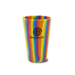 A drink bottle featuring a vibrant, multi-coloured striped design and a logo on the side.