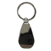 A drink bottle opener keychain in gunmetal grey with a polished, teardrop-shaped design and a metal ring. A drink bottle opener keychain in gunmetal grey with a polished, teardrop-shaped design and a metal ring.