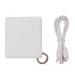 A white power bank with a keyring attachment, accompanied by a white charging cable. A white power bank with a keyring attachment, accompanied by a white charging cable.