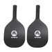 A pair of black pickleball paddles with grip handles, each featuring a logo. Perfect for outdoor sports activities. A pair of black pickleball paddles with grip handles, each featuring a logo. Perfect for outdoor sports activities.