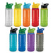 A drink bottle collection featuring ten colourful bottles in green, blue, purple, red, orange, yellow, and clear. Each has a lid and a straw.