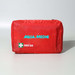 A red first aid kit featuring a logo, designed to hold 45 pieces for health and personal care.
