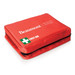 A red first aid kit with a zippered closure, featuring a logo and a green cross symbol. A red first aid kit with a zippered closure, featuring a logo and a green cross symbol.
