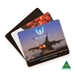 A set of three mouse mats featuring various images and a logo, with colours including black and vibrant imagery.
