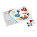 A magnetic jigsaw featuring various colours, with an incomplete puzzle and a single piece displayed. It includes a logo.