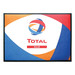 A promotional mat featuring a vibrant design in blue, orange, and white, with a logo and branding elements.