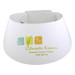 A white sun visor with a rounded shape featuring a logo and multicoloured designs. A white sun visor with a rounded shape featuring a logo and multicoloured designs.