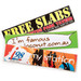 Three glossy stickers in various colours, including black, green, and white, featuring different designs and a logo.