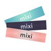 Three glossy paper stickers in gradient shades of blue, black, and pink, each featuring the word "mixi" in white.